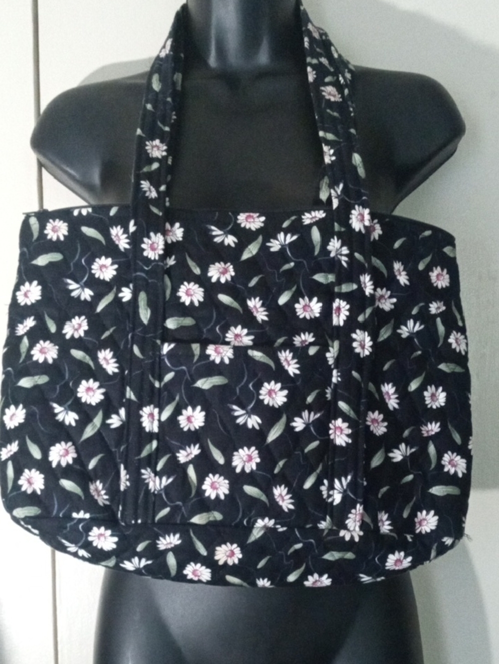 Quilted Tote Bag All Over Wildflower Pattern Soft Lightweight Black Backdrop